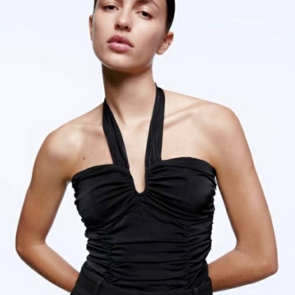 Zara Black Satin Effect Halter Bodysuit